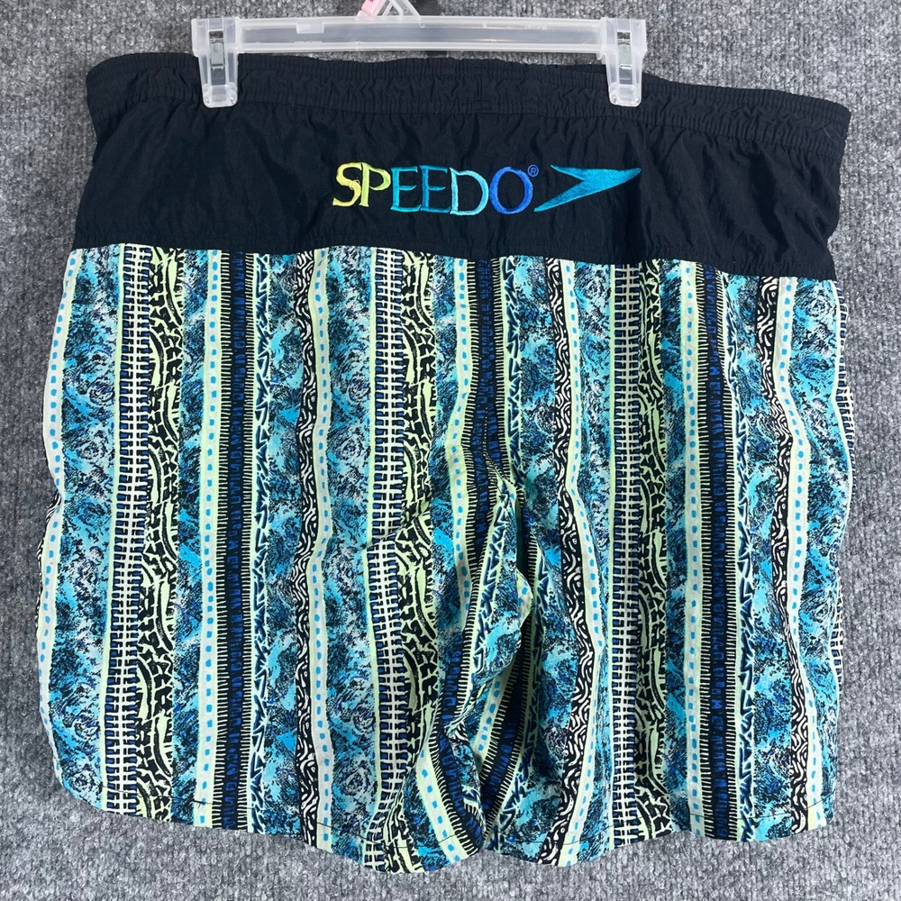 VTG Speedo Swim Trunks Mens Large Blue Geometric Spell Out 90s Surf Beach Retro
